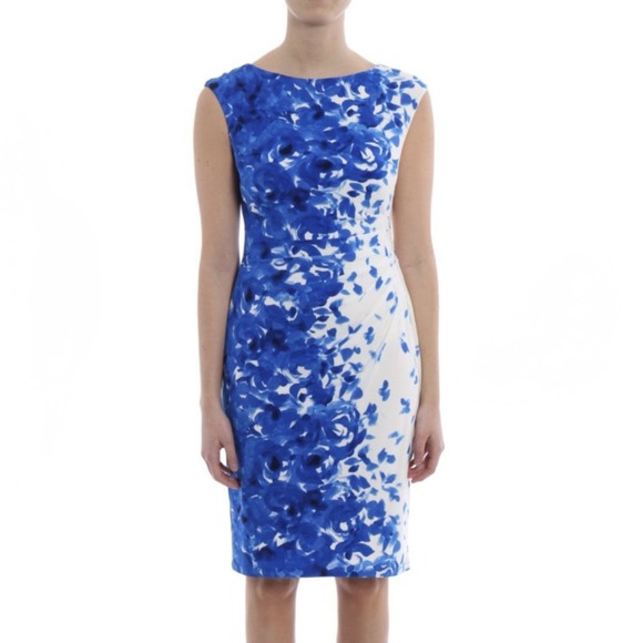 Ralph Lauren Blue Ivory Floral Ruched Stretch Sleeveless Sheath Dress Size 10 - Picture 1 of 12
